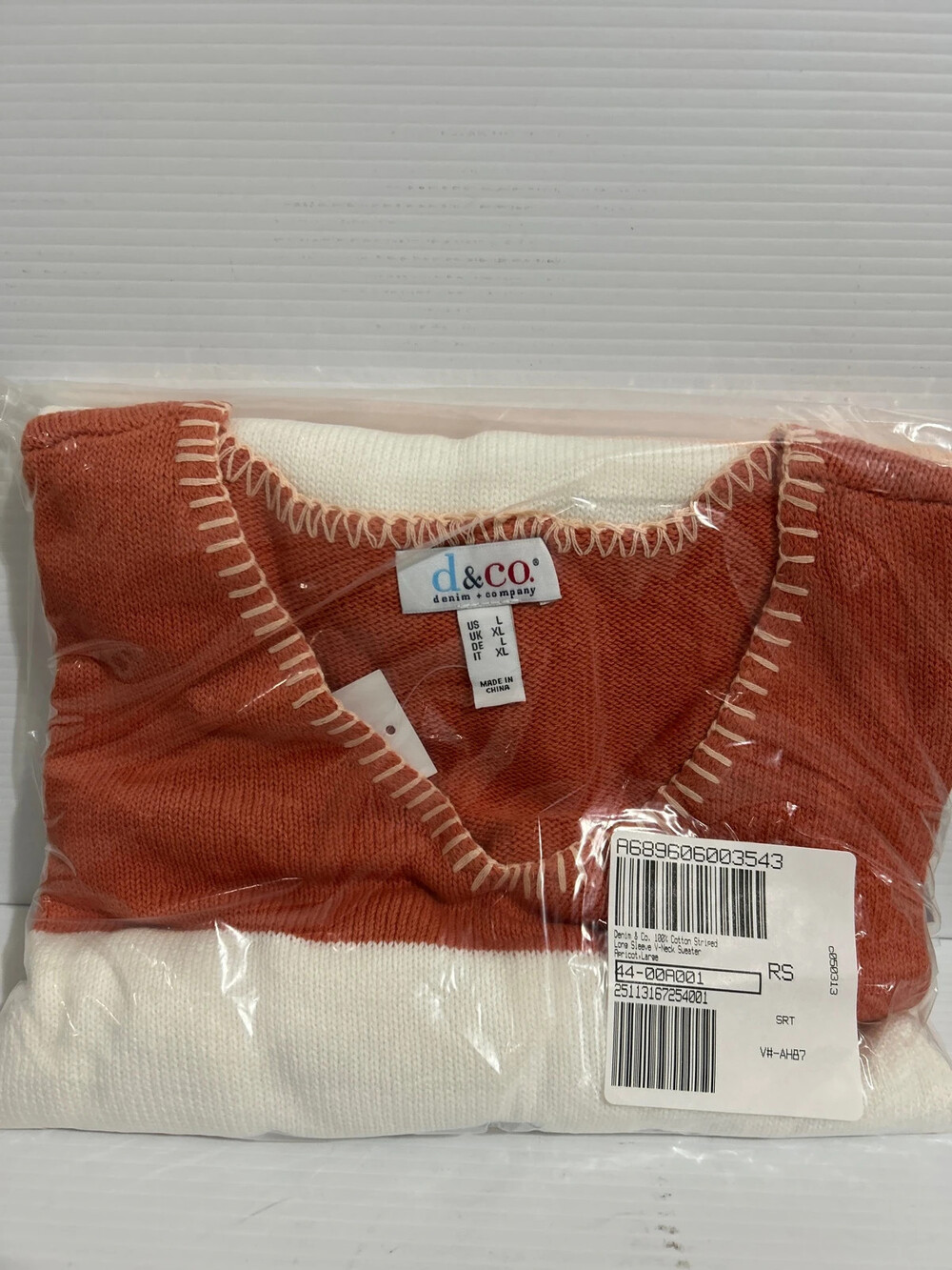 denim & co. 100% cotton striped long sleeve v-neck sweater apricot size large